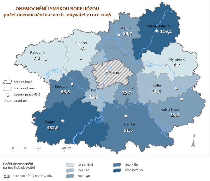 Onemocnění Boreliózou za rok 2006 - přepočet na 100 tisíc obyvatel