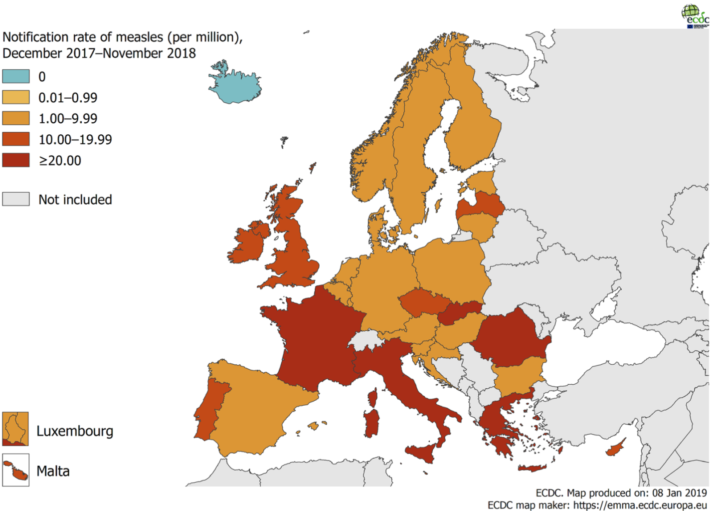 Mapa - Situace ve výskytu spalniček v EU za období 2017/2018